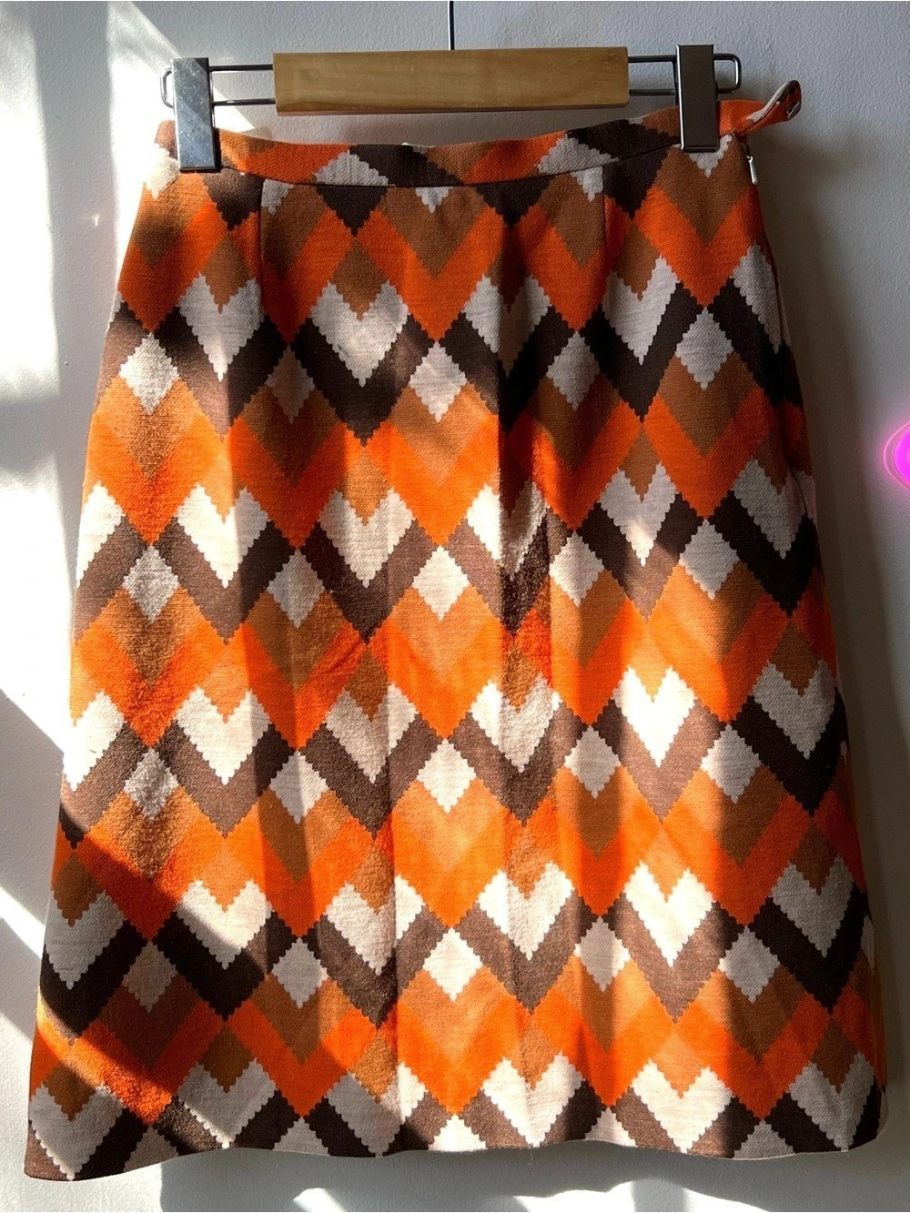 Vintage Lucia Geometric chevron A-Line Skirt in Orange & Brown